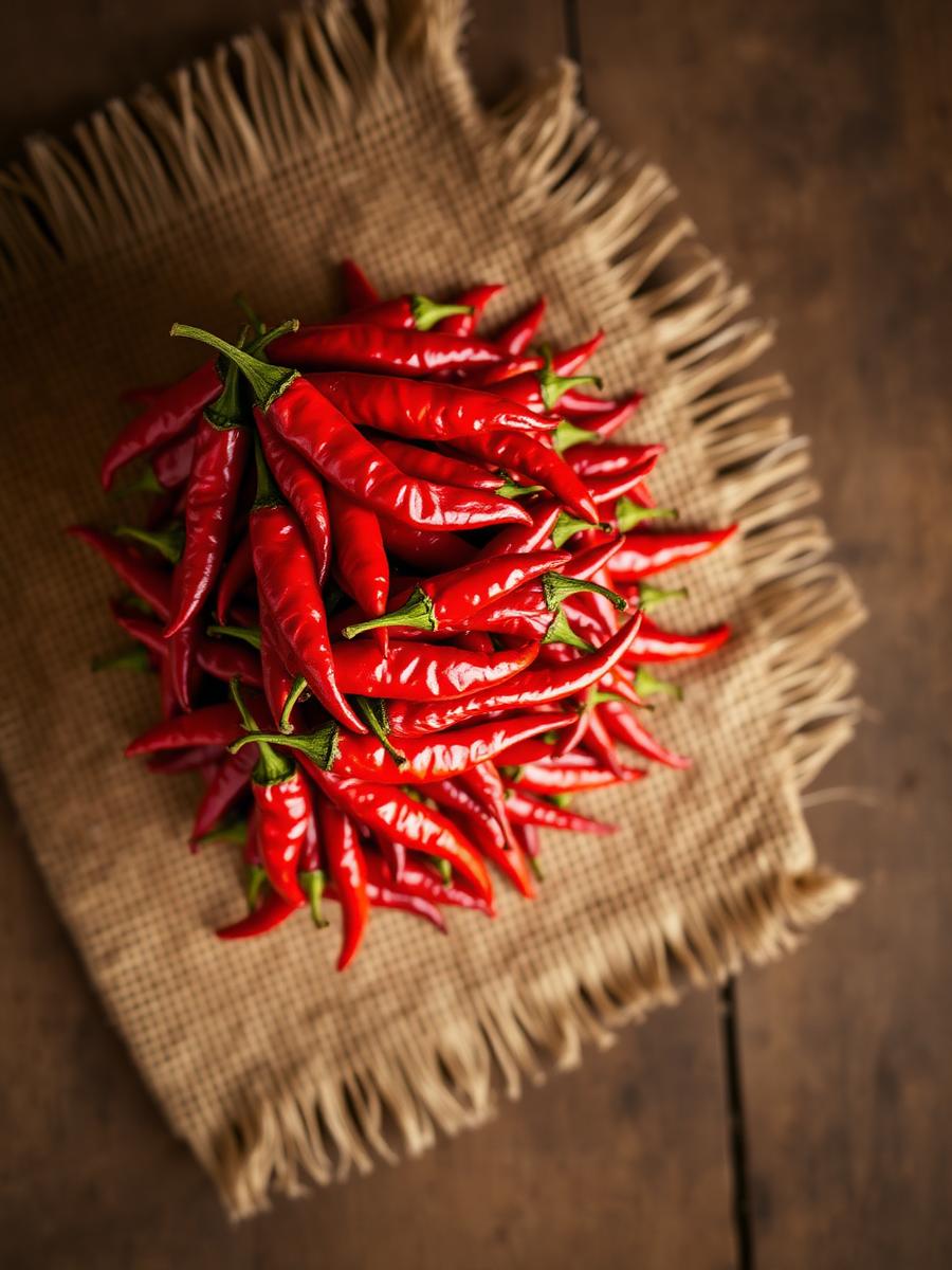 Sun-dried chillies on jute
